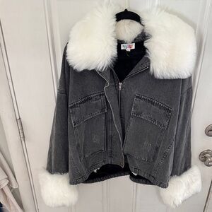 Women's Gray Jacket with White Fur Trim
